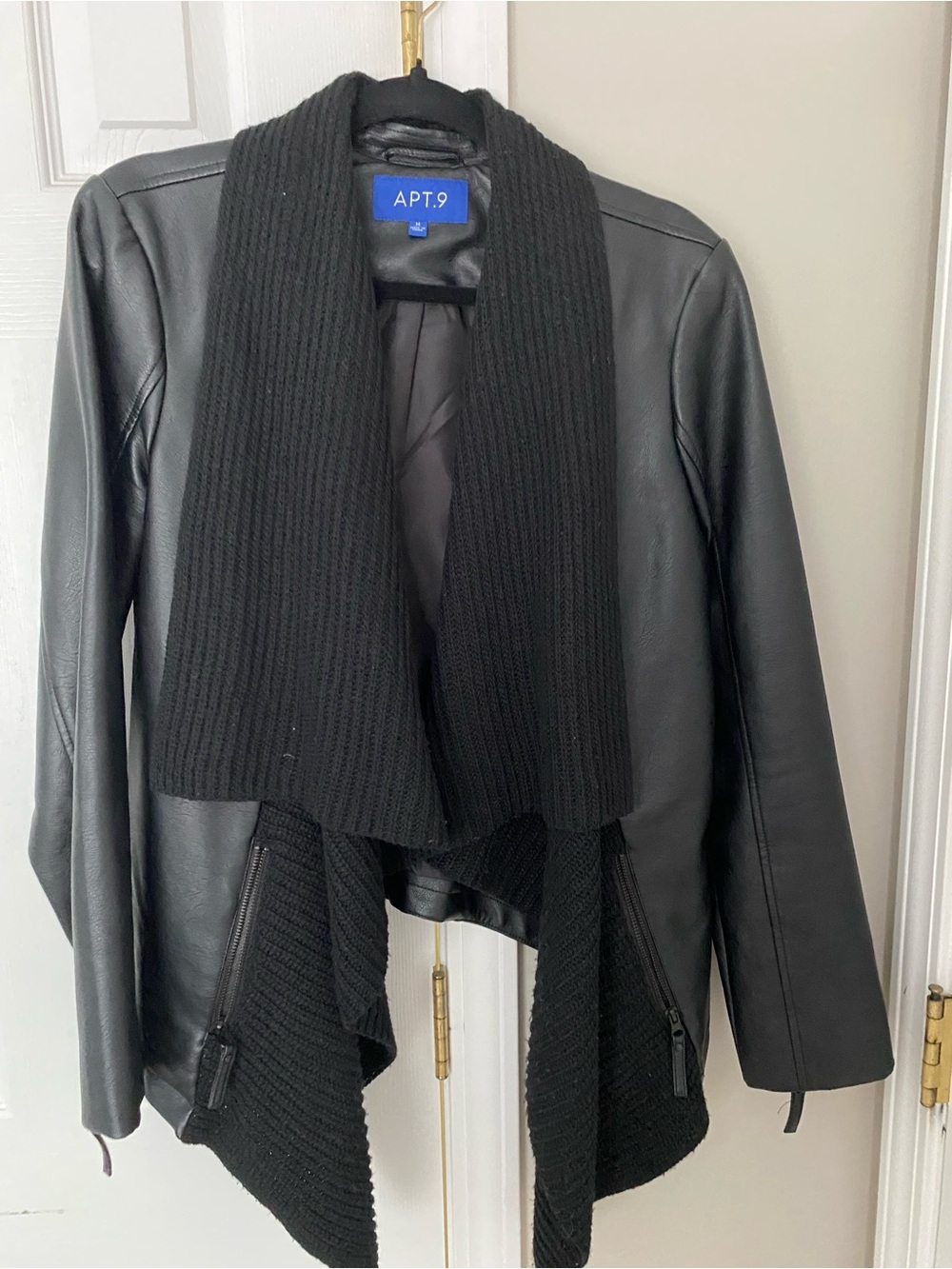 Apt. 9 Black Faux Leather Jacket with Knit Shawl Collar Draped Front
